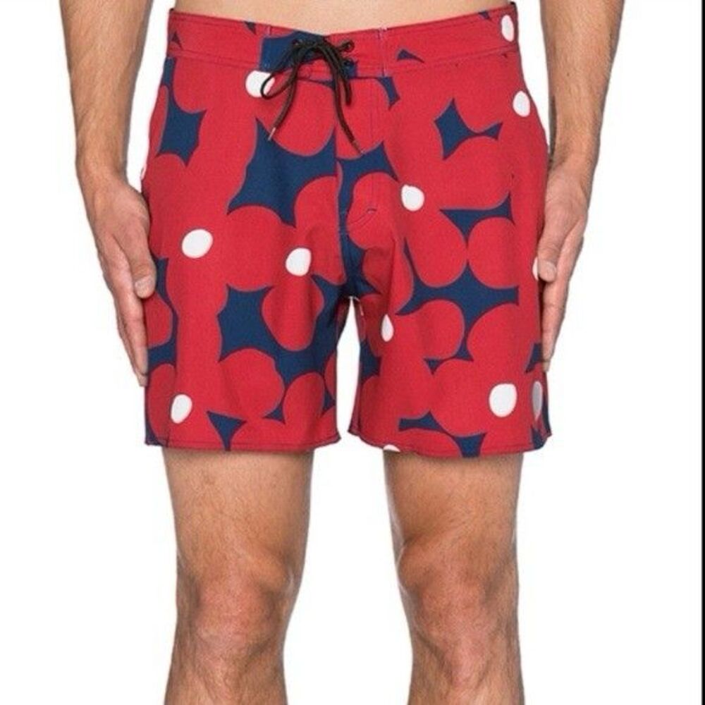 Saturdays NYC Grant Boardshort Swimsuit Red Navy Floral Size 30/XS